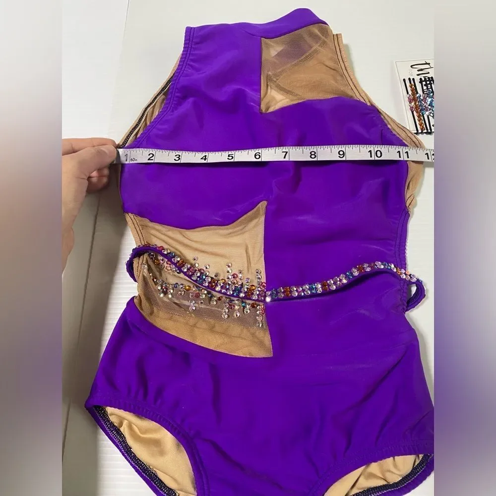 AA dance design solo costume JOURNEY leotard purple mesh cutout LC-large child